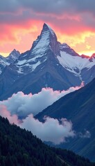 Mountain range with peaks covered in snow and mist at sunset, clouds, peaks, scenery