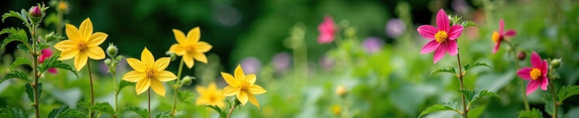 Fototapeta premium Garden with flowering common columbine Aquilegia vulgaris and greenery, wildflowers, greenery