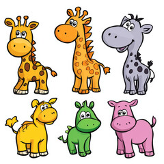 Cute and Colorful Cartoon Animals Featuring Giraffe, Zebra, Hippo, and More in Playful Style for Children's Media and Educational Content