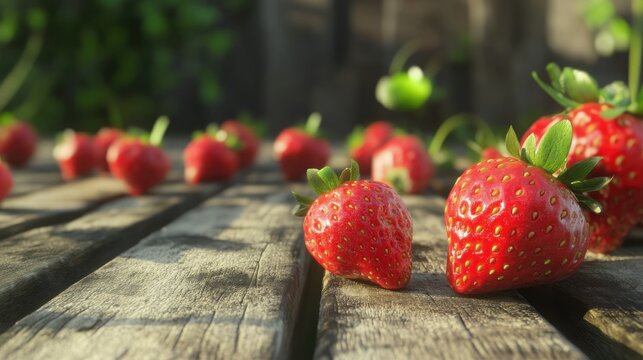 Fresh ripe strawberries on rustic wooden surface. - Powered by Adobe