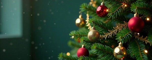 Fir tree decorated with festive garland and evergreen branches, holiday, branches