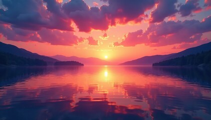Faint hues of sunset dance across the lake's surface, evening sky, lake