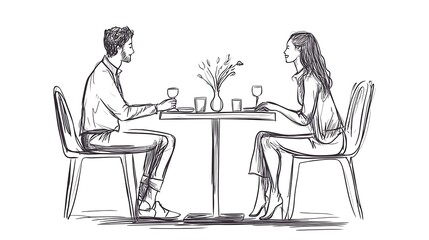Romantic Couple Enjoying Dinner Sketch Illustration. AI Generated