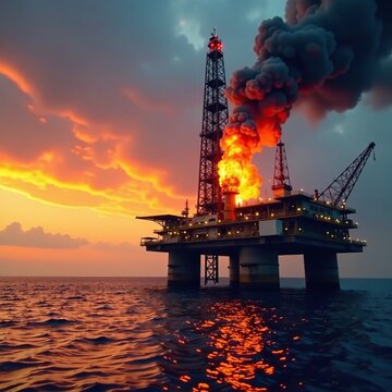 Flames engulfing a flare stack on an oil and gas processing platform, flames, oil, release