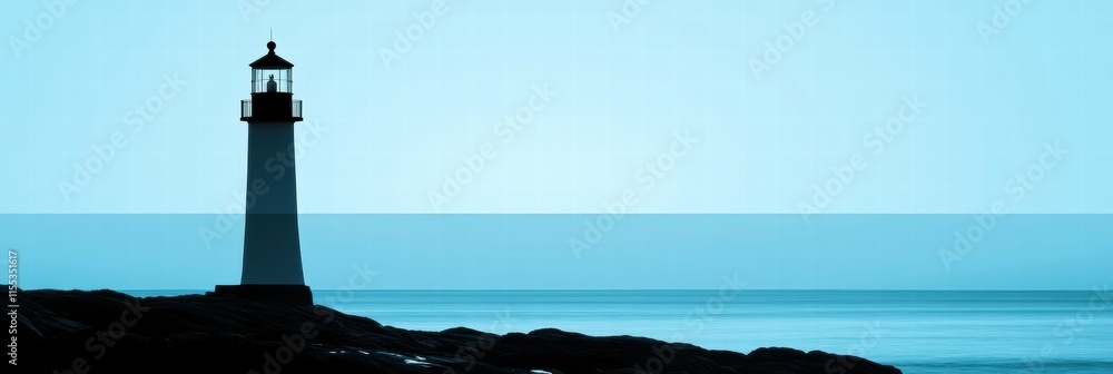 Fototapete silhouette of a lighthouse on a rocky coast with calm water at dusk, minimalist design and ample spa