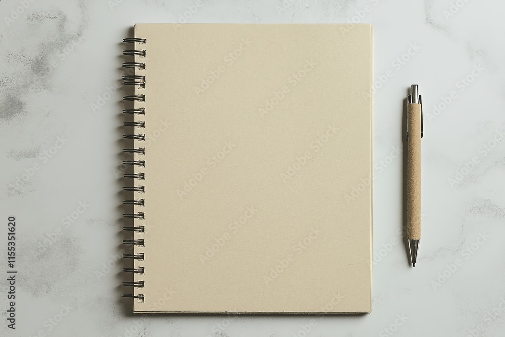 Poster a blank notebook with a simple pen diagonally placed on it