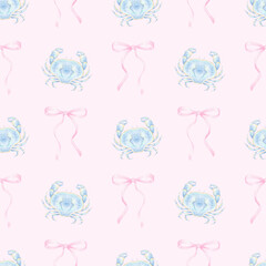 crab, bow. Watercolor seamless pattern in pastel colors. Cute seafood illustration for textile and wrapping paper