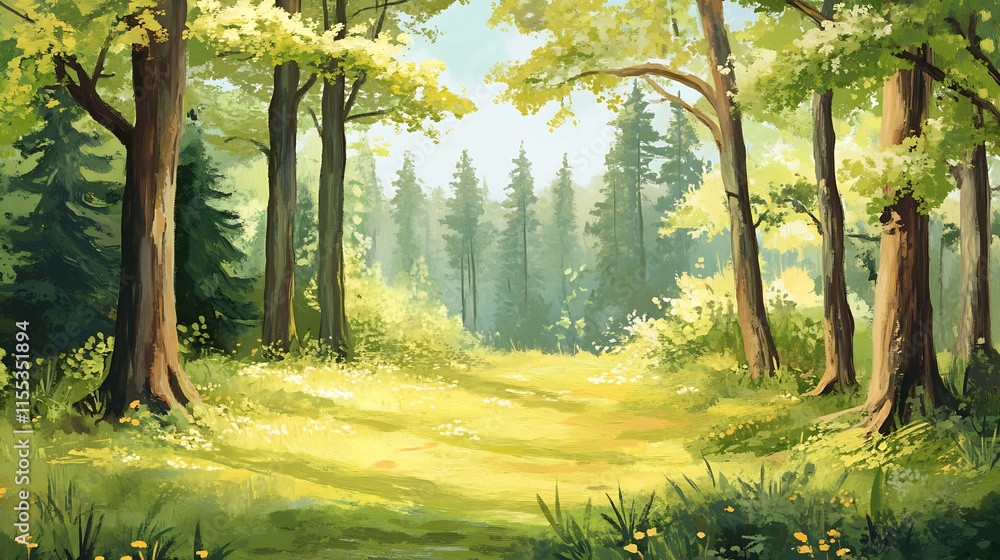 Poster peaceful forest glade with sunlit trees and lush greenery nature scene : generative ai