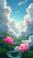 Obraz premium Clouds and lotus blooms entwined in a whimsical dance, clouds, ethereal, fantastical