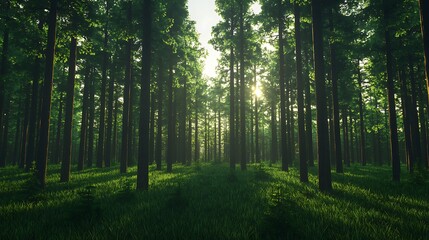 Lush green forest with tall trees, sunlight filtering through the canopy, creating a serene and tranquil atmosphere.