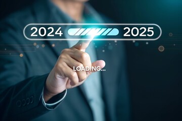 A man is loading the years 2024 to 2025 by placing his finger on the screen. He has made a new plan to improve his business or job.