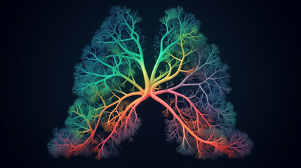 Stylized image of human lungs, showcasing the intricate bronchial tree in vibrant rainbow colors against a dark background. A visually striking representation of respiratory anatomy.