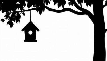 Silhouette of a birdhouse hanging on a tree branch

