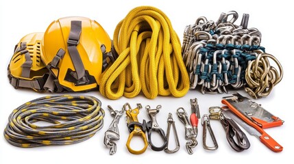 Safety equipment including helmets, ropes, chains, and carabiners for climbing or industrial use.