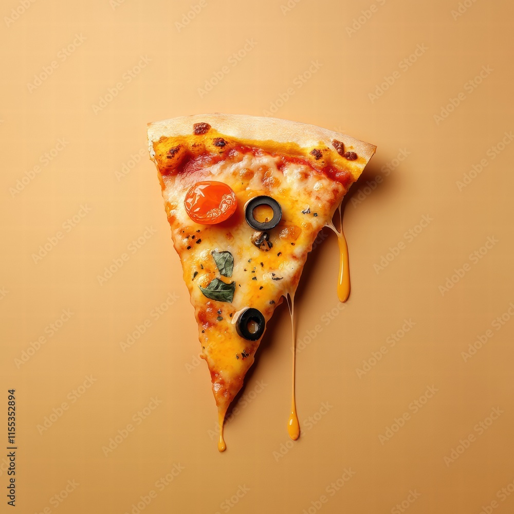 Aufkleber Stylized pizza slice with vibrant toppings and cheese drips on minimalist background for creative mock up. Generative AI