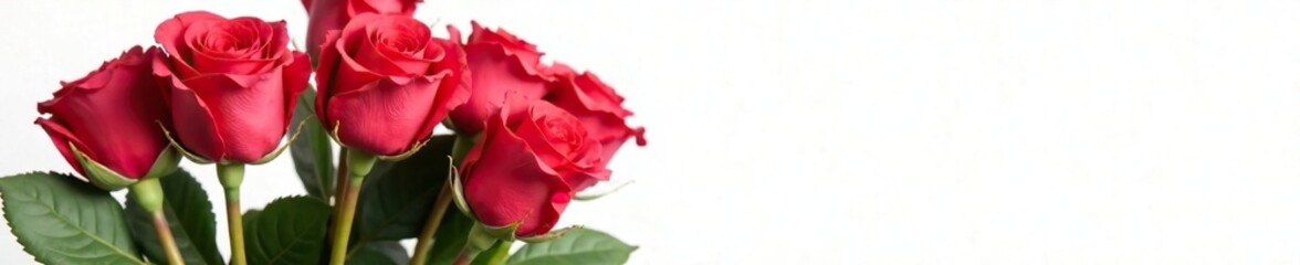 Fototapeta premium A bouquet of fresh long-stemmed red roses against a clean white background, arrangement, bouquet