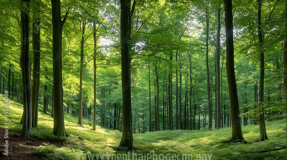 Poster Serene Green Forest with Tall Trees and Sunlight Filtering Through the Canopy in a Tranquil Setting : Generative AI