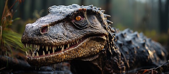 Dinosaur with open mouth. Crocodile in the forest.