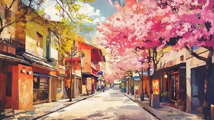 Naklejka premium Vibrant Springtime Street Scene: Digital Painting in a Vivid, Impressionistic Style. AI Generated