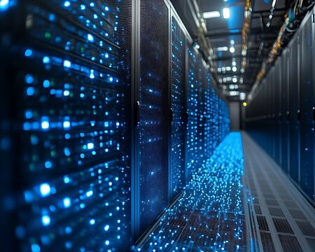Illuminated server room with data flow. - Powered by Adobe