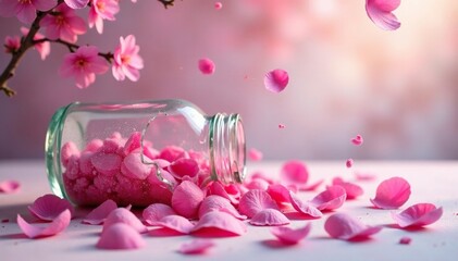 Fototapeta premium Fuzzy pink petals falling from a broken bottle, , florals, pink