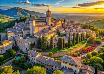 Naklejka premium Drone View: Assisi Italy, Stone Buildings, Flower Filled Old Town, Aerial Photography