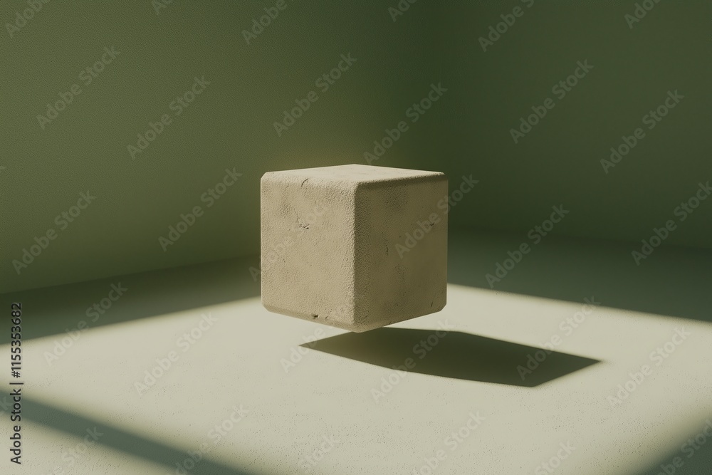 Poster A floating cube casting a faint shadow on a pale surface