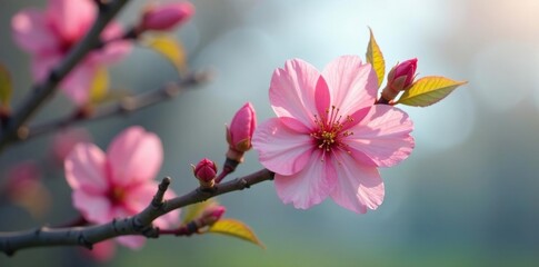 Fototapeta premium A single pink blossom clings to a bare branch of a blooming apple tree, blossoms, flower