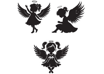 children angel little girl with wings of silhouette vector, little girl logo with wing, silhouette angel girl with wings, children angel little girl logo design on a white background.