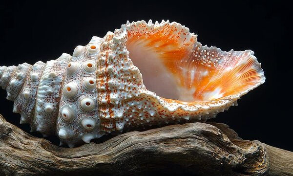 A beautifully detailed conch shell resting on a wooden surface.