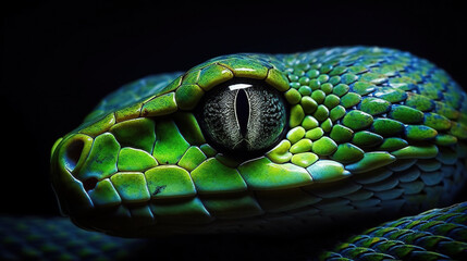 Green snake and eye on black background Generative AI
