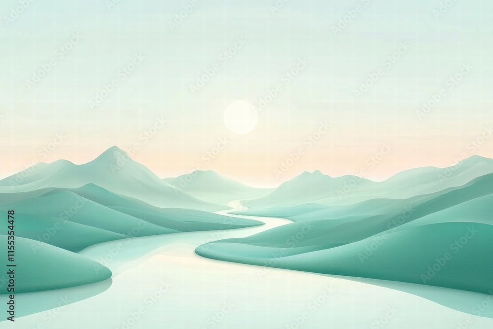 Aufkleber Winding river through a serene mountain range with minimalist landscape design and ample space for text. Generative AI