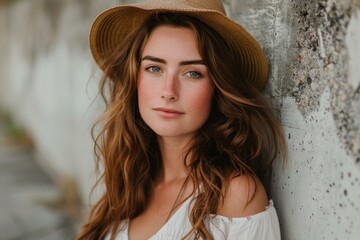 Young woman with long brown hair and straw hat posing near a concrete wall