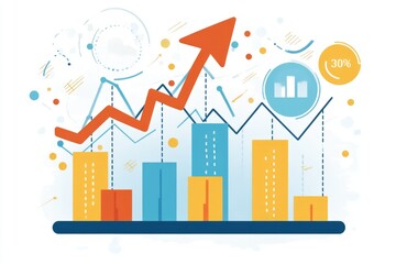 Fototapeta premium A graph with a red arrow pointing upwards and a city skyline in the background