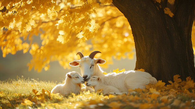 Serene goat family resting under autumn tree
