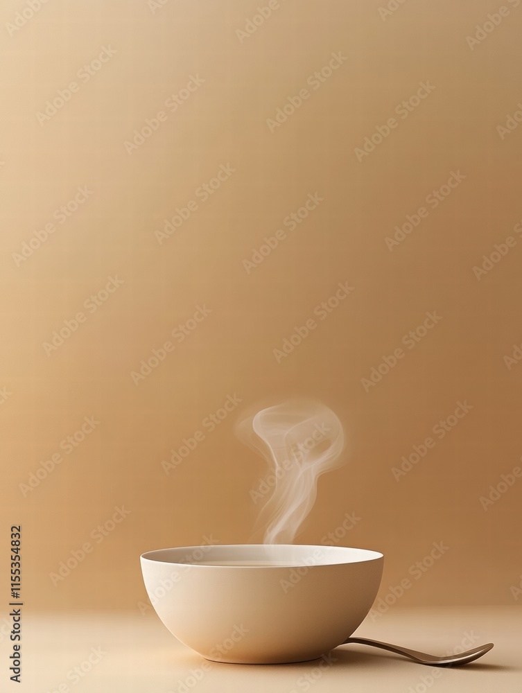 Poster warm soup bowl with steam curls and a spoon on minimalistic background perfect for inviting dining a