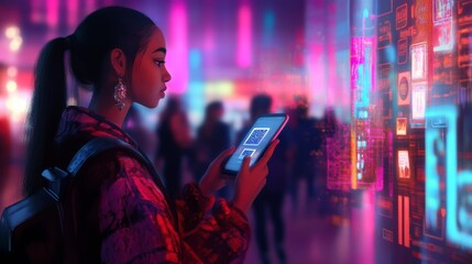 Naklejka premium Young woman engaging with digital technology in a vibrant urban environment, showcasing innovation and connection with smart devices and futuristic elements