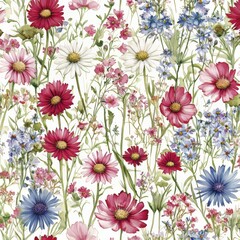 Elegant contemporary seamless floral design featuring watercolor summer blossoms.