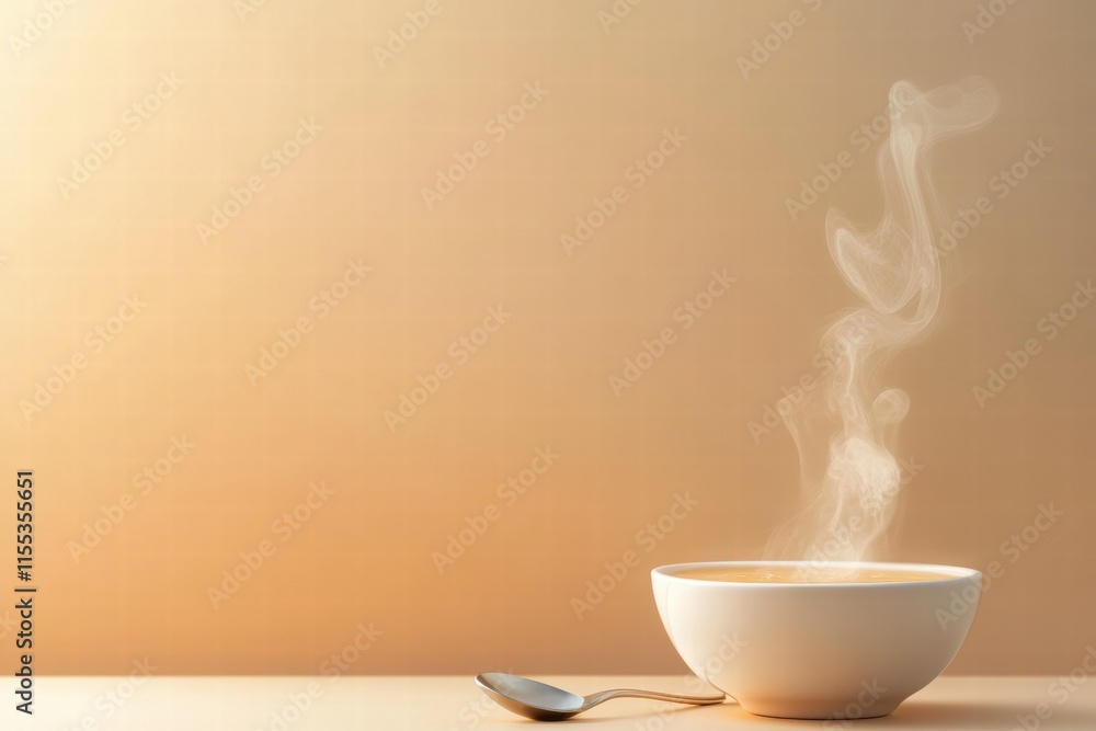 Leinwandbilder warm soup bowl with steam curls and spoon on a minimalist background in a cozy setting for relaxatio