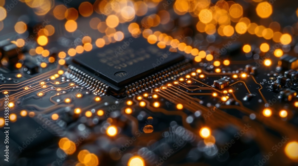 Poster close-up of illuminated microchip on circuit board.
