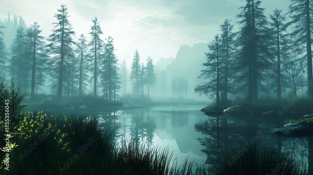 Poster tranquil misty lake surrounded by dense pine trees at sunrise capturing serenity : generative ai