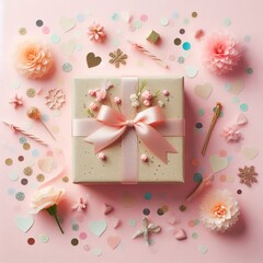 Present Box Adorned with Confetti on a Pastel Pink Surface – Top View for Wedding or Birthday Celebrations. Created with Generative AI Technology
