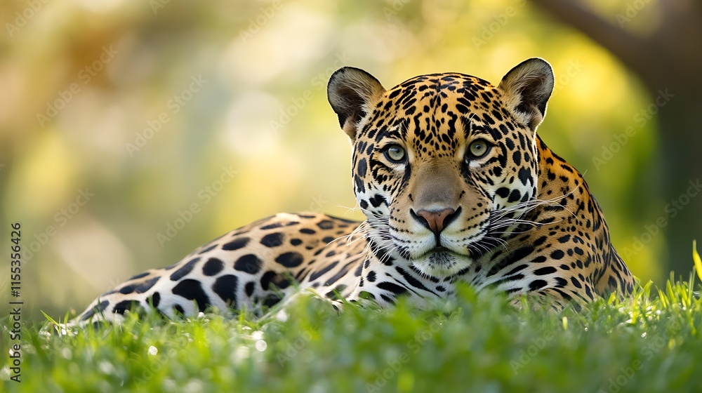 Poster majestic leopard resting on grass in sunlit jungle habitat : generative ai