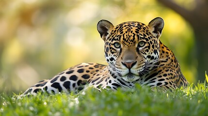 Obraz premium Majestic Leopard Resting on Grass in Sunlit Jungle Habitat : Generative AI