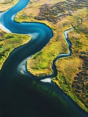 Aerial View of Serene River in Summer Green Landscape Scenic Stream Amidst Lush Vegetation : Generative AI