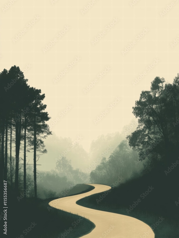Aufkleber Winding forest path through misty trees invites exploration and tranquility in a serene natural setting. Generative AI