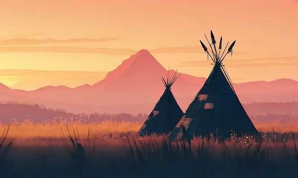 Clean and minimalistic, native american huts, simple, calmo e sereno, atmosfera poetica, subtle and delicate colors, flat