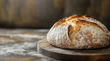 Freshly baked sourdough bread on wooden board.