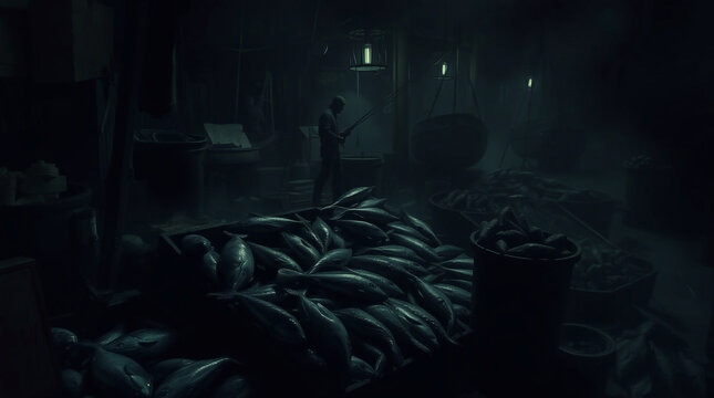  A chillingly atmospheric harbor market scene depicting fresh fish on sale, rendered in dark tones with unsettling details, emphasizing an eerie and creepy mood