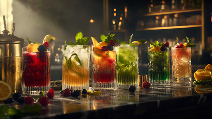 Vibrant mocktail bar with fresh fruits and herbs display